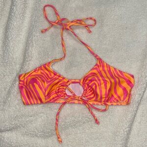 NWOT Neon pink and orange striped tie-front halter bikini top